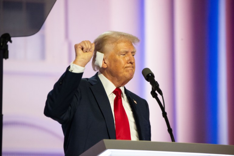 2024 Republican National Convention - - WISCONSIN, UNITED STATES - JULY 18: Former US President Donald Trump attend the Republican National Convention (RNC) since surviving an attempted assassination at the Fiserv Forum in Milwaukee, Wisconsin, United States on July 18, 2024. Former US President Donald Trump formally accepted the Republican Party’s nomination as its presidential candidate in his first speech since surviving an attempted assassination. During a campaign rally in Pennsylvania on Saturday, a lone 20-year-old gunman opened fire on Trump during the campaign rally, striking him in his right ear and critically injuring two rally goers and killing a third.