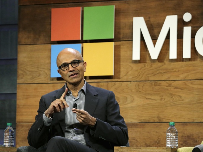 Microsoft Corp. CEO Satya Nadella speaks Wednesday, Dec. 2, 2015, at Microsoft's annual shareholders meeting in Bellevue, Wash. (AP Photo/Ted S. Warren)